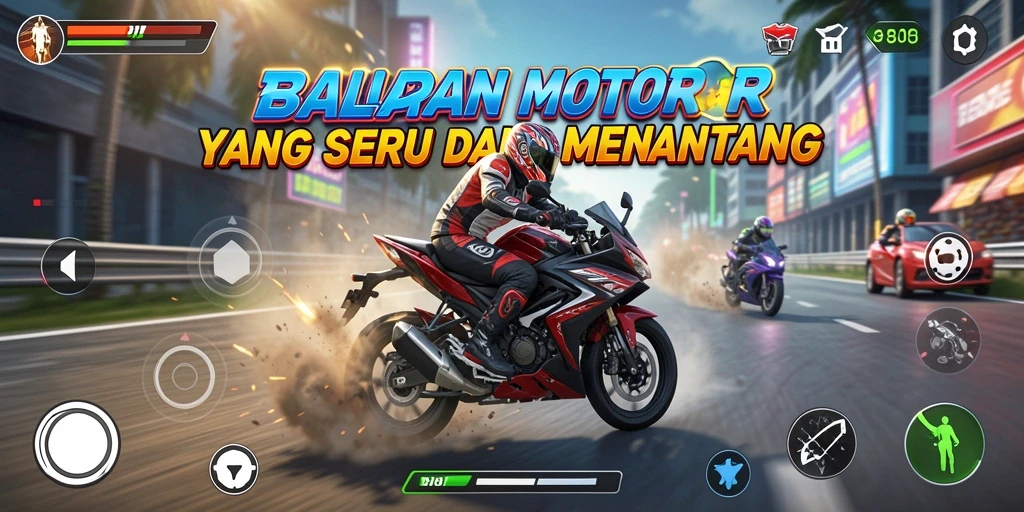 Screenshot BROJP menampilkan aksi balapan motor yang intens dan mengasyikkan.