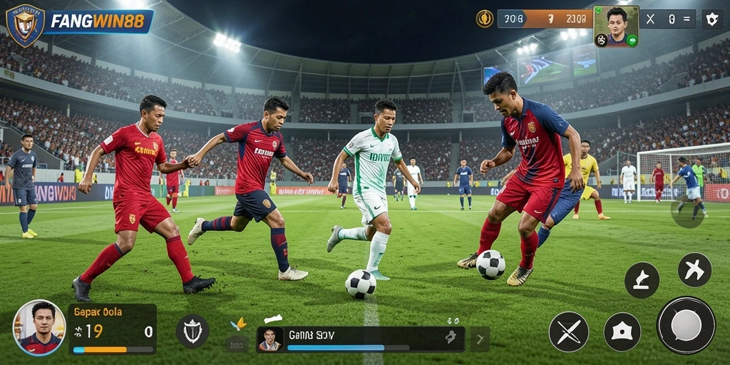 Tampilan gameplay FANGWIN88 dengan grafis tinggi dan pemain sepak bola.