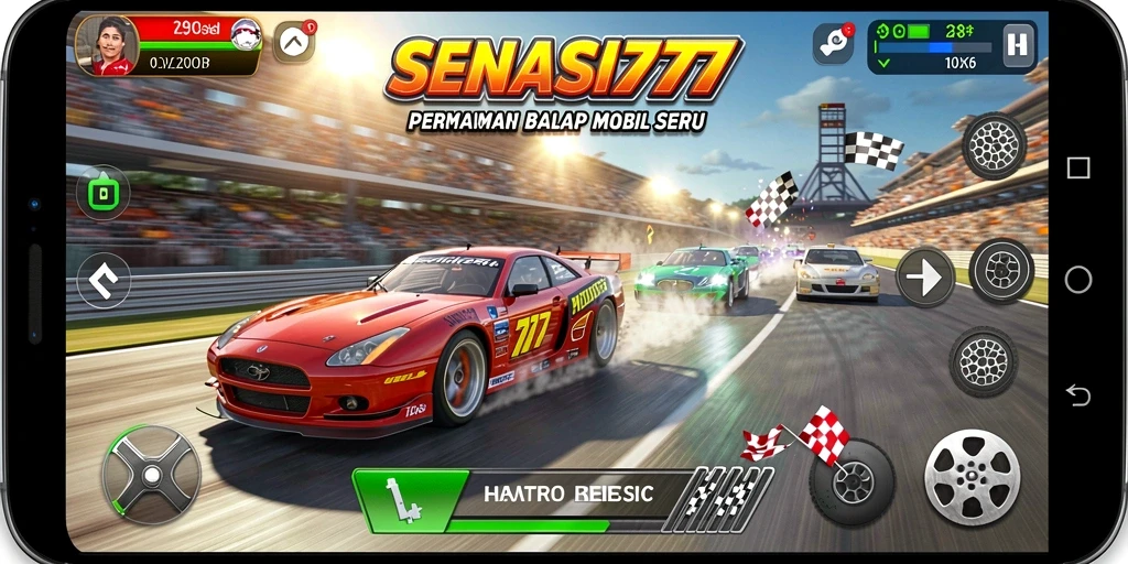 Gameplay Racing seru dalam SENSASI777 menunjukkan mobil balap beraksi.