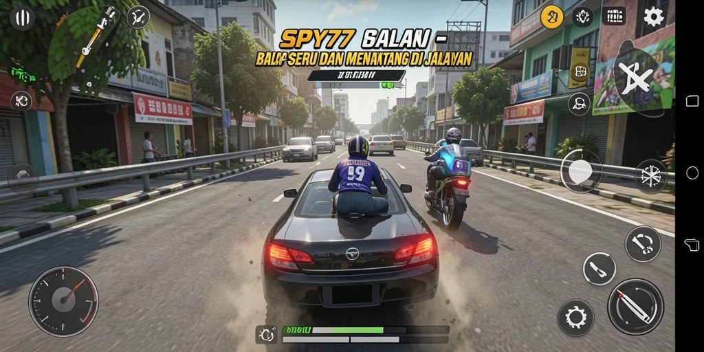 Layar gameplay SPY77 menampilkan balapan yang seru dan mobil yang cepat.