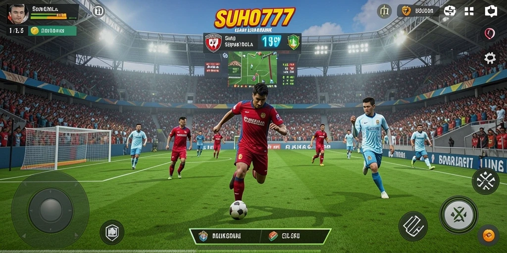 Tangkapan layar gameplay <strong>SUHU777</strong> menampilkan aksi pertandingan sepak bola yang mendebarkan.